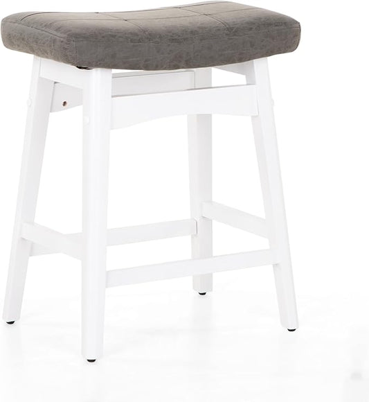 MAISON ARTS White Counter Height Bar Stools for Kitchen Counter Solid Wood Legs with Faux Leather Saddle Seat Farmhouse Barstools for 34"-38" Counter Island Upholstered Stools, 24in Height