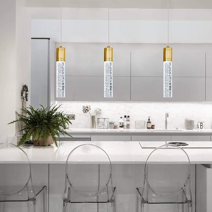 Set of 3 Pendant Lights for Kitchen Island, White Light, Gold Crystal Linear Pendant Lighting, Bar Corner LED Light Fixtures Glam Drop Light
