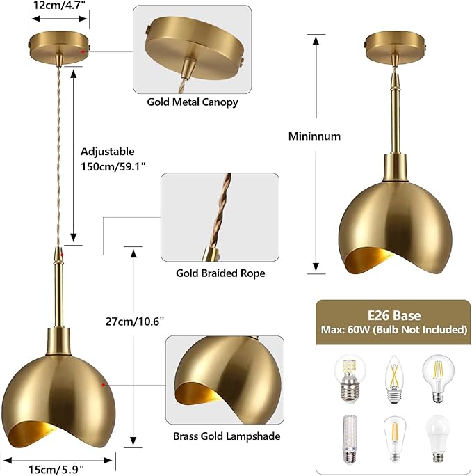 KCO Lighting Small Gold Pendant Light Dome Pendant Lights Kitchen Island Set of 2 Farmhouse Barn Pendant Lighting Antique Brass Pendant Light 2 Pack Industrial Dining Room Light Fixture