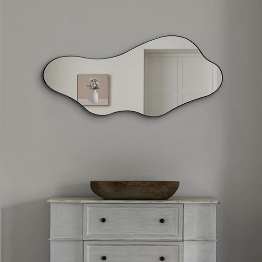 Irregular Mirror, Asymmetrical Wall Mirrors, 40"x18" Wavy Shaped Mirror with Metal Frame, Modern Decorative Abstract Mirrors for Living Room Bathroom Bedroom Hallway Entryway Fireplace