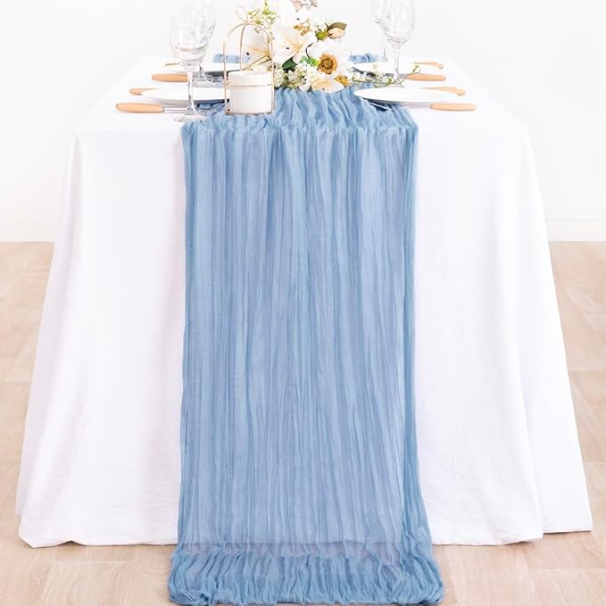 MLMC Dusty Blue Table Runner 10ft Boho Gauze Blue Cheesecloth Table Runner Rustic Fall Cheese Cloth Centerpiece 35x120 Inches for Wedding Bridal Shower Baby Shower Party Decor