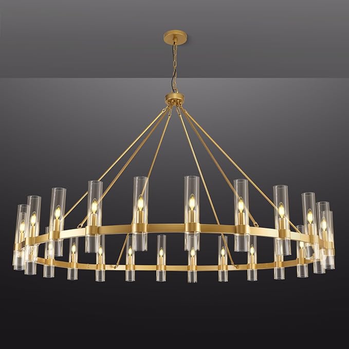 Gold Wagon Wheel Chandelier, 70 Inch Glass Chandeliers, 24 Light Chandelier for High Ceiling, Modern Farmhouse Chandeliers for Living Room, Dining Room, Entryway, Stairwell(Bulbs Included)