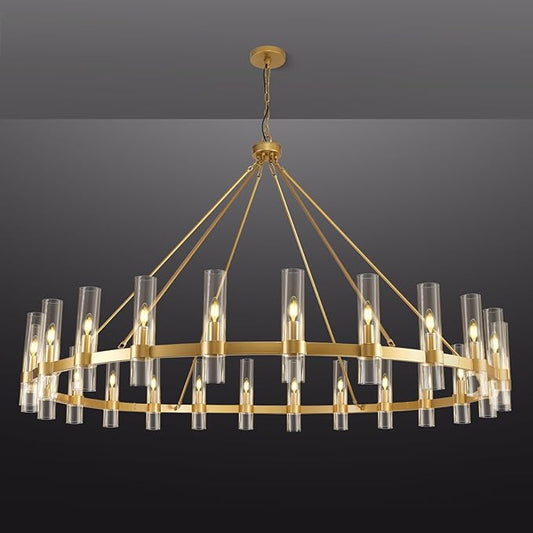 Gold Wagon Wheel Chandelier, 70 Inch Glass Chandeliers, 24 Light Chandelier for High Ceiling, Modern Farmhouse Chandeliers for Living Room, Dining Room, Entryway, Stairwell(Bulbs Included)
