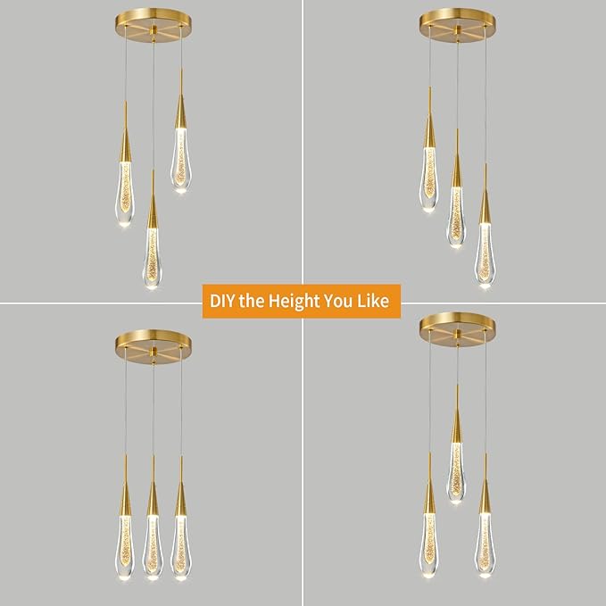 LMQNINE Kitchen Light Fixtures Ceiling Dimmable LED Modern Gold Pendant Light Mini Teardrop Crystal Pendant Light for Kitchen Island Bedroom Hallway Entryway (3-Light)