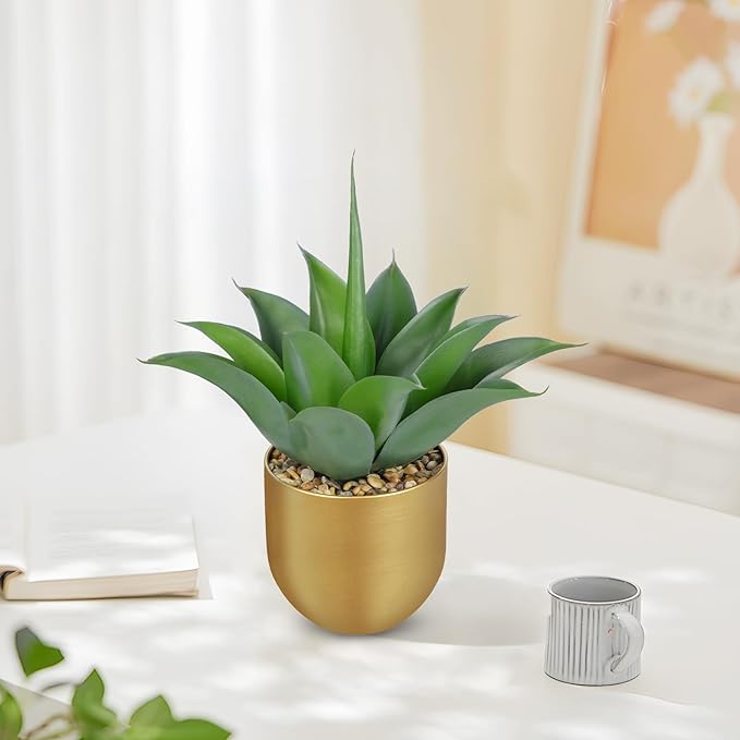 Briful Artificial Agave Plant in Gold Metal Pot, 13 Inch Tall Faux Succulent with Gray-Green Wide Leaves, Realistic Decorative Fake Plants for Home, Office, Shelf, Tabletop Decor