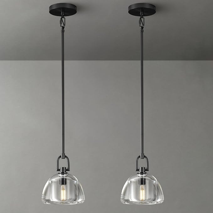 Pendant Light Fixture, 7" Glass Modern Black Pendant Lights Kitchen Island, Hanging Glass Dome Pendant, Black Kitchen Pendant Lighting Over Island, E12 Bulb Included, 2PCS