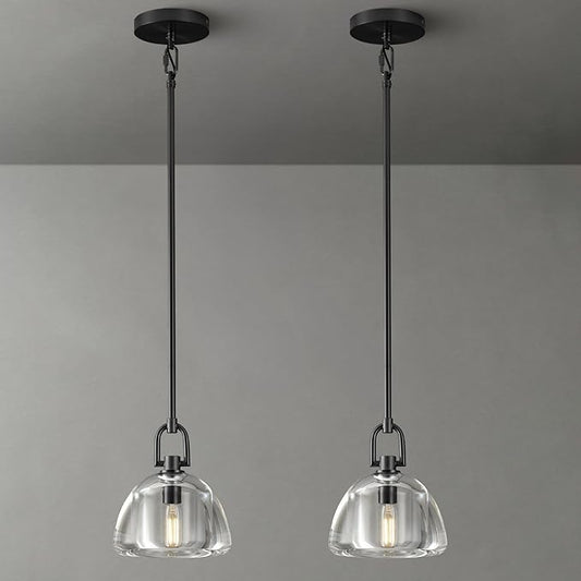 Pendant Light Fixture, 7" Glass Modern Black Pendant Lights Kitchen Island, Hanging Glass Dome Pendant, Black Kitchen Pendant Lighting Over Island, E12 Bulb Included, 2PCS
