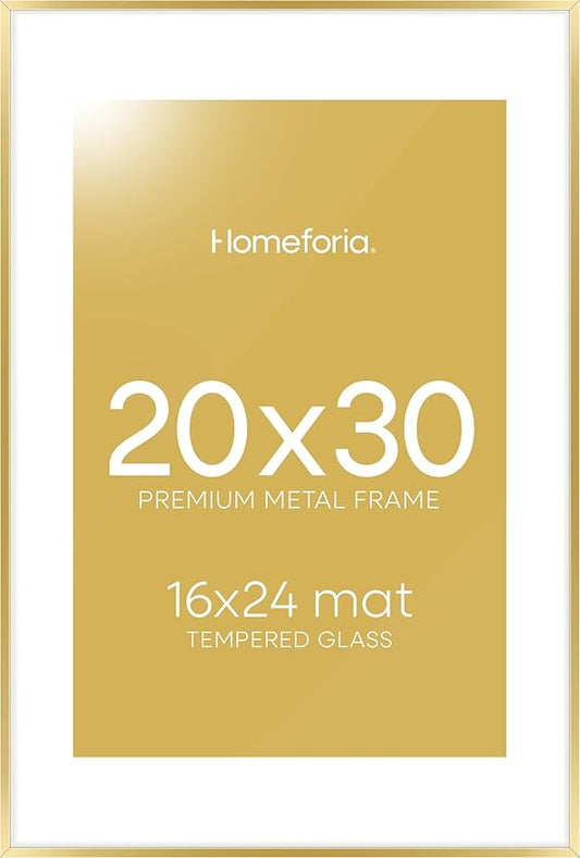 Homeforia 20x30 Poster Frame Gold, High End Metal 20 x 30 Picture Frames with Mat 16 by 24 Photo, 20x30 Gold Frame Matted to 16x24 Print, 30x20 Large Hanging Frames, Tempered Glass, Wall Kit, Set of 1
