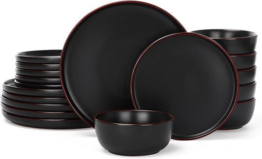 Famiware Mercury Plates and Bowls Sets, 18 Pieces Stoneware Dinnerware Sets, Dishes Set for 6, Microwave and Dishwasher Safe, Matte Black