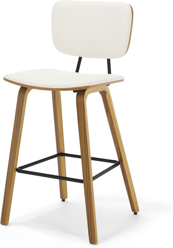 Counter Height Bar Stools, PU Leather Upholstered Barstools with Backs, Bent Wood Legs, 26 Inch Seat Height, Mid Century Modern Counter Stools for Kitchen Island, Cream White