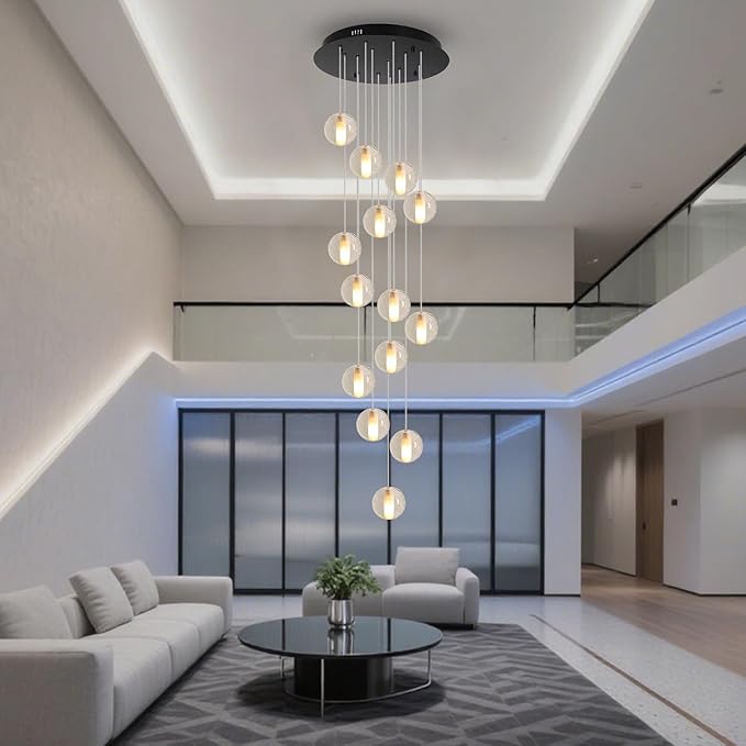 14 Lights Black Staircase Chandelier for High Ceiling, Dimmable Modern Crystal Raindrop Large Long Hanging Pendant Light for Stairwell Living Room Stair Foyer, Bulbs Included