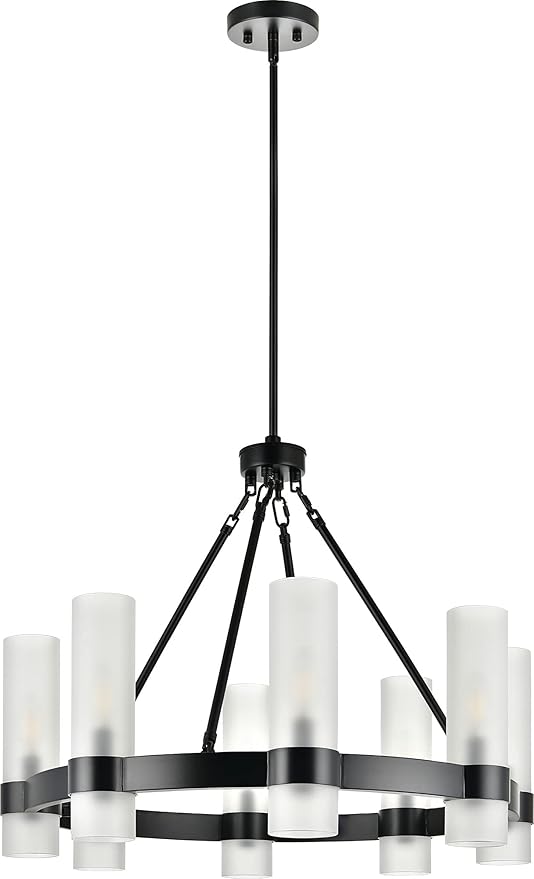 Linea di Liara Teramo Matte Black Chandelier Dining Room Light Fixture Small Wagon Wheel Chandelier Round Industrial Modern Farmhouse Chandeliers for Dining Room Foyer, Frosted Glass, UL Listed