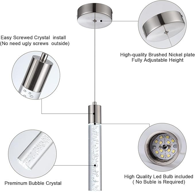 3 Pack Mini Pendant Light,Satin Nickel Kitchen Lighting with Led Bulb, Updated 3D Generation Preminum Bubble Chandelier Light Fixture for Kitchen,Dining Room,Living Room,Corridor……