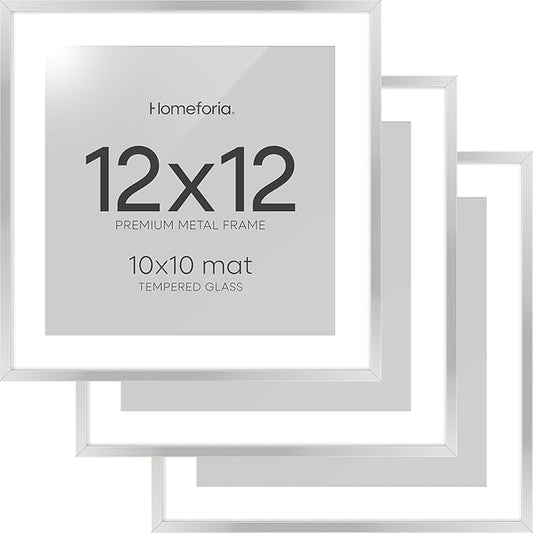 Homeforia 12x12 Silver Frame, High End Metal 12 x 12 Square Picture Frame with Mat 10 x 10 Photo, 12x12 Poster Frames Matted to 10x10 Print, 12 by 12 Hanging Frames, Tempered Glass, Wall Kit, Set of 3