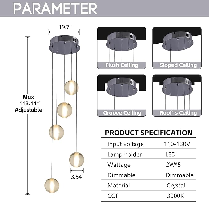 5 Lights Nickel Foyer Chandeliers for High Ceilings Raindrop Crystal Ball Staircase Chandelier Dimmable LED Entryway Pendant Light Hanging for Dining Room Hallway, Include Bulbs