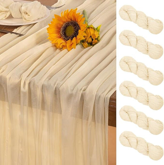 Beige Cheesecloth Table Runner 6 Pack Fall Table Runners 120 Inches Boho Gauze Cream Cheese Cloth Fall Table Decorations for Thanksgiving Wedding Bridal Baby Shower Garden Party Decor