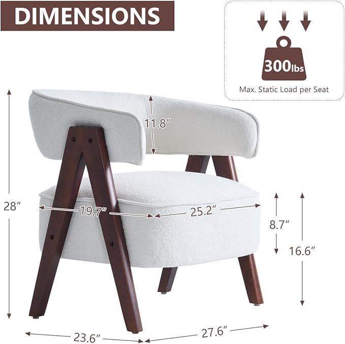 Kidol & Shellder Mid Century Accent Chair Set of 3 Comfy Fabric Modern Living Room Bedroom Chairs Upholstered Lounge Reading Armchair with Thicken Seat Cushion Wood Frame （White）