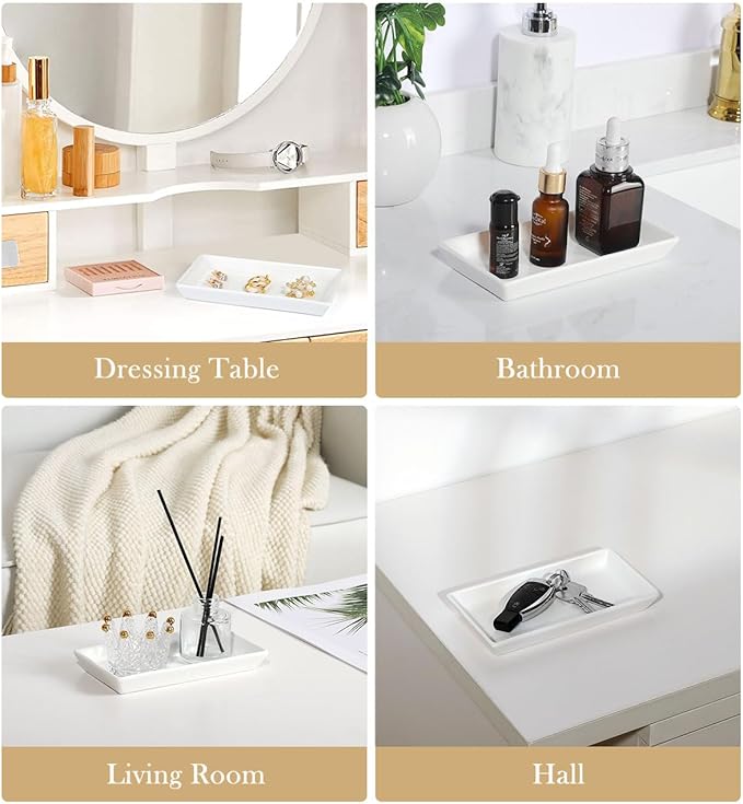 Jewelry Tray, Small Rectangle Ceramic Vanity Tray Jewelry Dish, Trinket Perfume Tray for Cosmetics, Rings, Bathroom Kitchen Soap, White