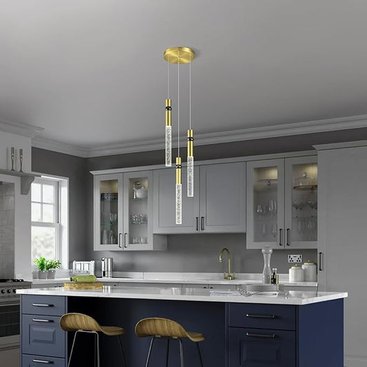 Pendant Lights Kitchen Island Light Fixtures Dimmable LED Modern Pendant Light with Bubble Crystal Pendant Lighting for Kitchen Bedroom Hallway Entryway (Gold 3-Light)