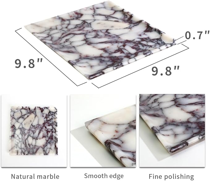 Natural Marble Tray, Coffee Table, Food, Fruit, Paper Cup, Cake Display, Coffee bar, Family Gatherings, Seasonal Holiday Decoration Tray(Viola-Square-9.8"x9.8"x0.7")