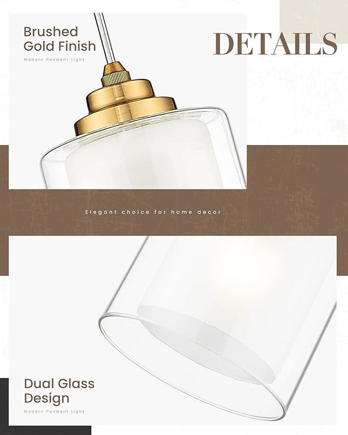 TENGXIN 3 Light Pendant Light,Brushed Gold Modern Pendant Light for Kitchen Island,Dual Glass Shade,Farmhouse Pendant Lighting for Dining Room,TXPLBG04
