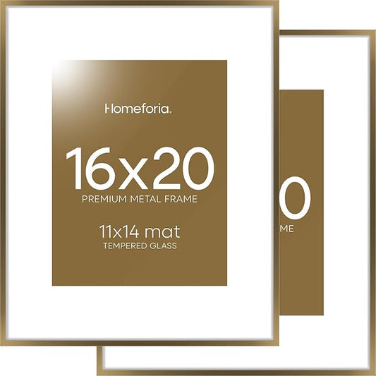 Homeforia Picture 16x20 Bronze Frame, High End Metal 16x20 Brass Poster Frames with Mat 11x14 for Photo, 16 x 20 Frame Matted to 11 by 14 Print, 20x16 Hanging Frames, Tempered Glass, Wall Kit, Set of 2