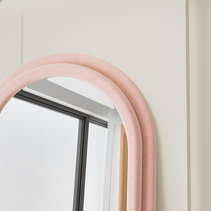 Floor Mirror, Full Length Mirror with Stand, 63"x24" Freestanding Arched Mirror Full Length Hanging or Leaning, Wall Mounted Mirrors with Flannel Frame, Large Mirrors for Bedroom (Pink)