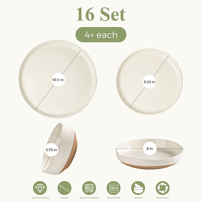 AmorArc 16 Pieces Ceramic Dinnerware Sets for 4, Handpainted Plates and Bowls Set with Rustic Terracotta Underside, Scratch Resistant Stoneware Dishes Set, Dishwasher & Microwave Safe, Light Beige