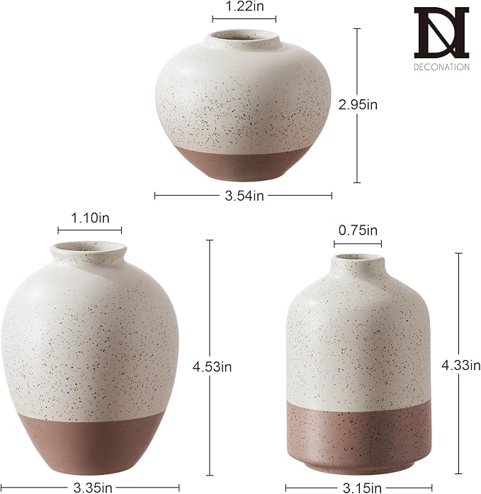Ceramic Vase Set of 3, Vases Home Decor Rustic Farmhouse Decor, Small Pottery Vases for Bouquet Pampas Grass Dried Fresh Flowers, Living Room, Kitchen, Bedroom, Bathroom, Mantel Decor - Beige&Brown