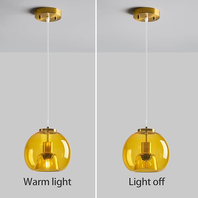 Yellow Glass Pendant Lights Kitchen Island Gold Hanging Light Fixture Glass Globe Pendant Light Modern Pendant Lighting for Kitchen Island Bedroom Dining Room (7.87", 2 Pack)