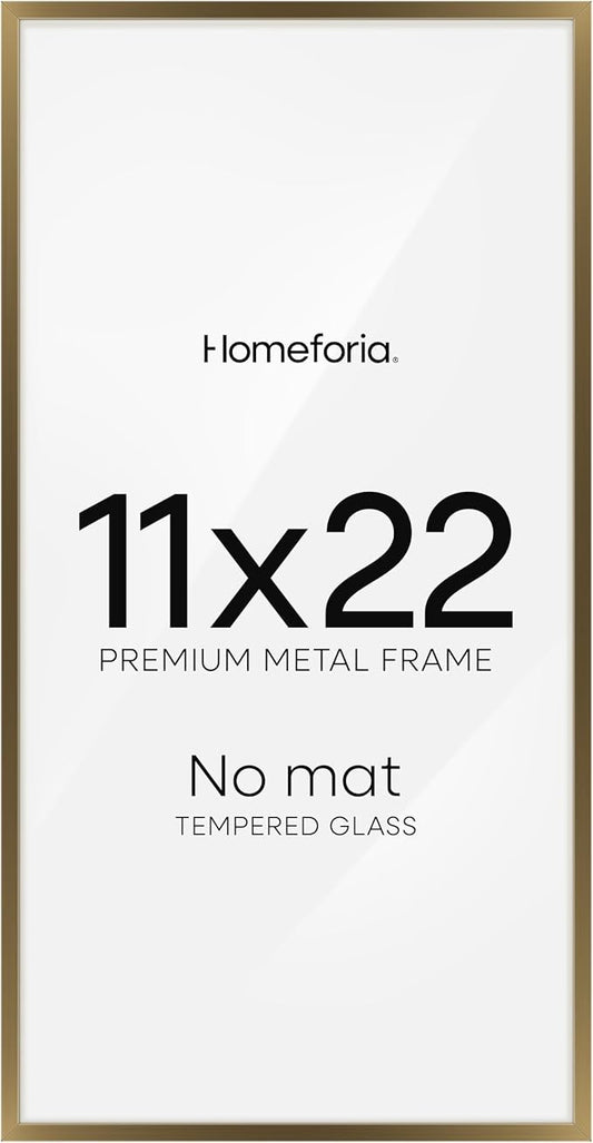 Homeforia 11x22 Bronze Newspaper Frame, High End Metal 11 x 22 Picture Frame without Mat, 22x11 Thin Bronze Poster Frames for Wall, 11by22 inch Display Photo Frames, Tempered Glass, Wall Kit, Set of 1