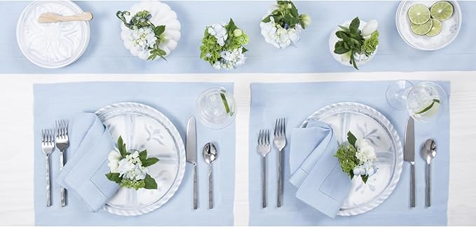 Solino Home Linen Sky Blue Table Runner 156 Inches Long - 100% Pure Linen Extra Long Table Runner 14 x 156 Inch - Classic Hemstitch