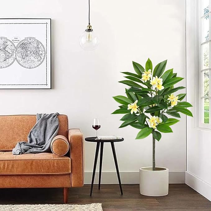 Briful Artificial Plants Indoor 4.17ft Fake Tropical Plumeria Flowers Tree in Black Pot Hawaiian Yellow Plumeria Faux Frangipani Tree Potted Floor Plant for Home Office Wedding Decor