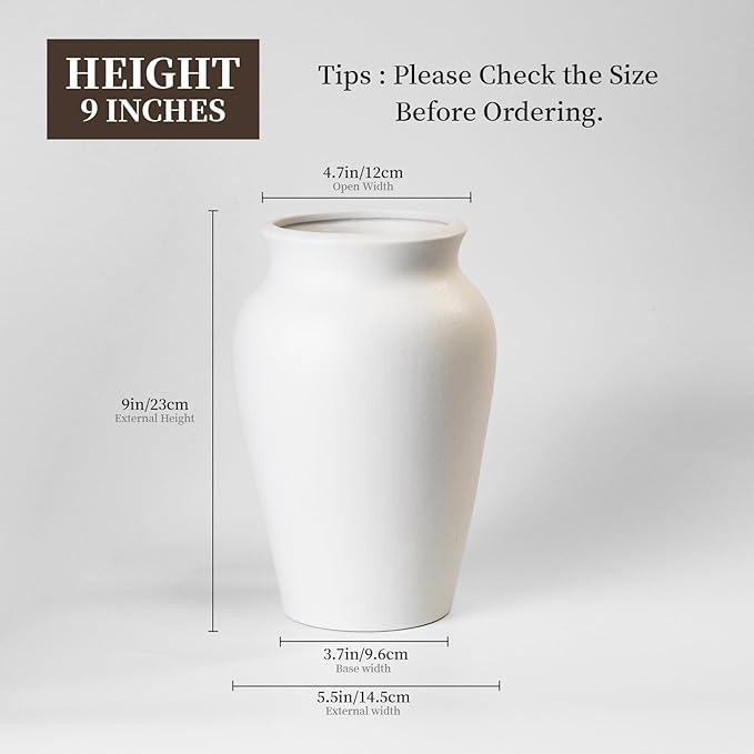 Ceramic Vase for Home Decor, 9 Inch Wide Mouth Pottery Vase, Vintage Farmhouse Boho Neutral Terracotta Rustic Decor for Living Room, Entryway, Floor, Mantel Decoration（White）