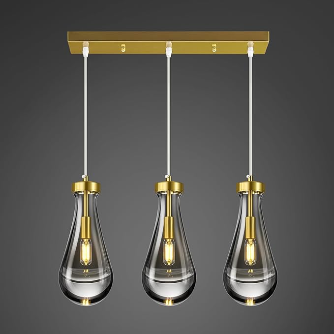 Raindrop Pendant Lights Kitchen Island Teardrop Gold Hanging Light Fixtures Clear Solid Glass Pendant Light Modern Chandeliers for Dining Room Porch Corridor Living Room(Long Plate-3 Lights)