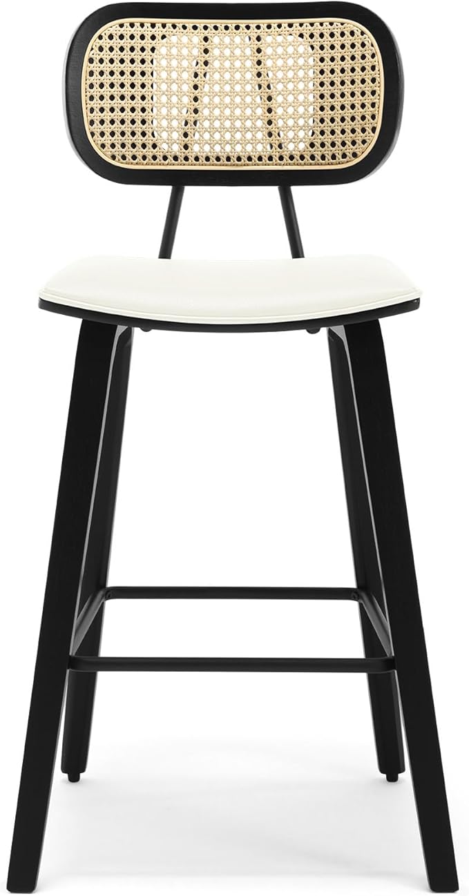 Counter Height Bar Stools, 26" PU Leather Upholstered Rattan Barstools, Mid Century Modern Bar Chairs with Black Wood Legs, Armless Walnut Kitchen Island Dining Bar Chair, White