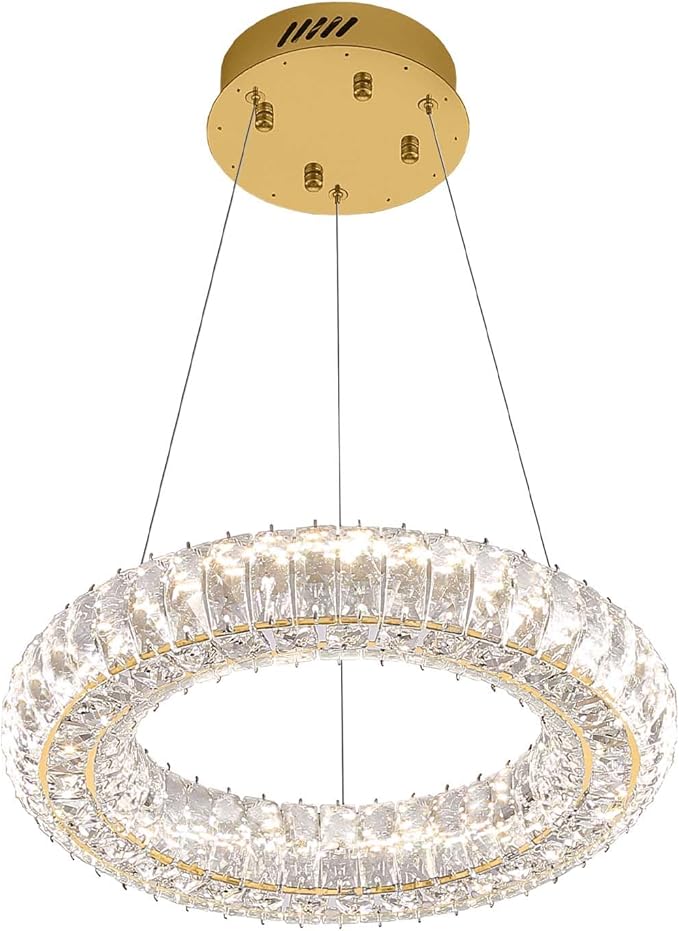 Modern LED Gold Ring Pendant Light 7.8" Dimmable Crystal Chandelier Adjustable Round Crystal Chandelier Light Fixtures for Dining Room Living Room