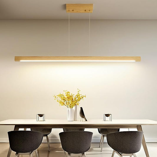 Wooden Linear Pendant Light, 47" Modern Chandeliers for Dining Room, Dimmable Pool Table Island Lights for Kitchen, LED Ceiling Pendant Lamp for Dining Room Billiard Room, Natural Ash