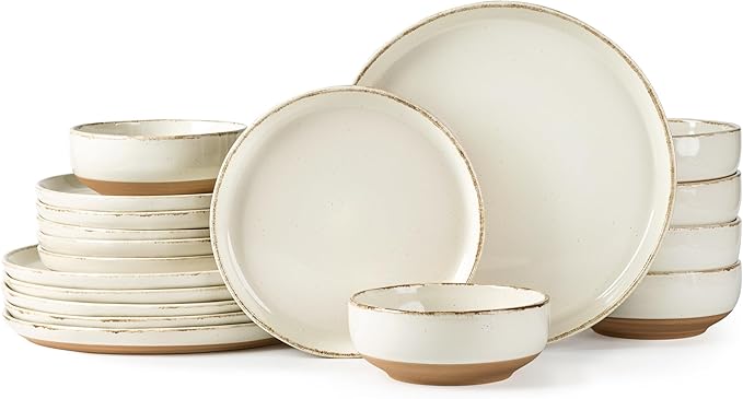 AmorArc 18 Pieces Ceramic Dinnerware Sets for 6, Handpainted Stoneware Plates and Bowls Set with Rustic Terracotta Underside, Scratch Resistant Dishes Set, Dishwasher & Microwave Safe
