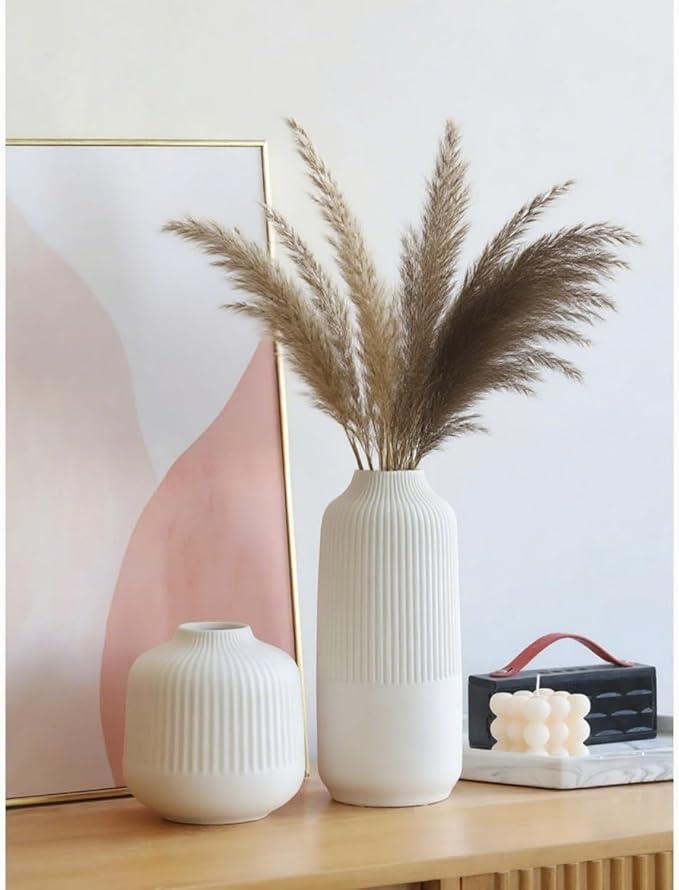 White Ceramic Vase Set of 2, Flower Vases Home Decor, Boho Vase for Pampas Grass, White Vases for Centerpieces Table Entryway Shelf