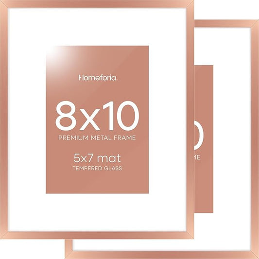 Homeforia Rose Gold 8x10 Picture Frame, High End Metal 8 x 10 Poster Frames with Mat 5 by 7 Print, 10x8 Thin Frame Matted to 7x5 Photo, 8by10 Wall or Tabletop Frame, Tempered Glass, Wall Kit, Set of 2