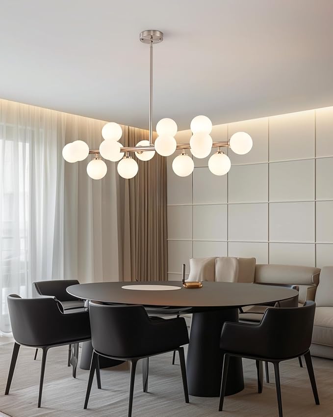 Glass Globe Sputnik Chandelier, 16-Light Mid Century Modern Light Fixture Over Table, Linear Chandeliers for Dining Room, Kitchen Island, Nickel and Milk White Bubble, 40 Inch, GC-02