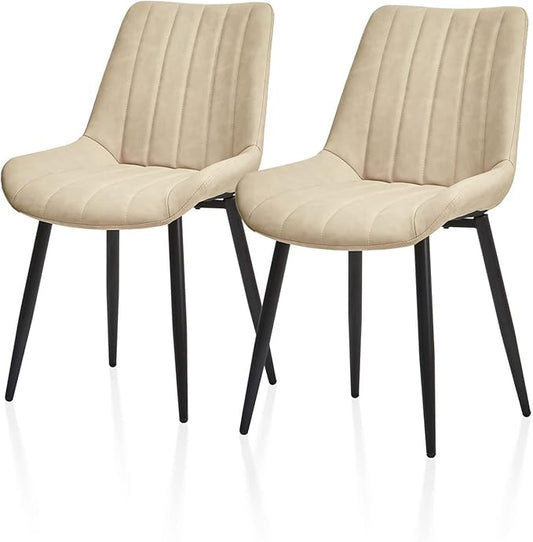 TUKAILAi Faux Leather Dining Chairs Set of 2, Modern Linear Design Kitchen Chairs with Upholstered Seat and Metal Legs, Comfortable Side Chairs for Dining Room Restaurant Commercial (Cream)