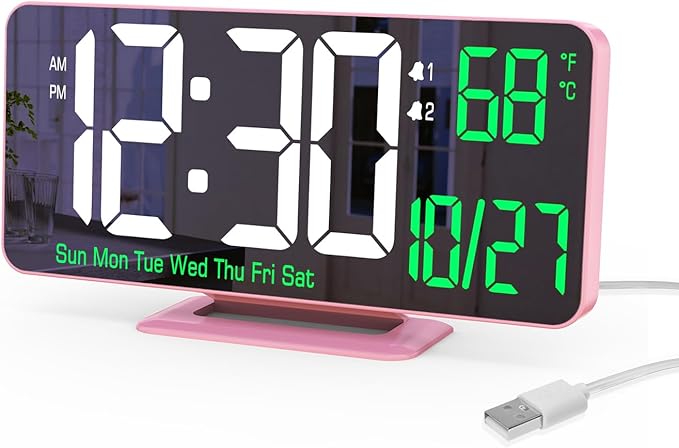 KOSUMOSU Pink Digital Clock 6.7in Desk Clock with Dual Alarm Clock, Dimming, 12/24h, Date, Day of Week, Temp, Digital LED Clock, Alarm Clock for Table, Digital Calendar Table Clocks for Bedrooms