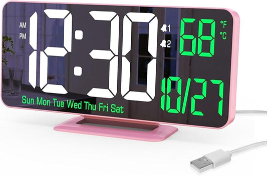 KOSUMOSU Pink Digital Clock 6.7in Desk Clock with Dual Alarm Clock, Dimming, 12/24h, Date, Day of Week, Temp, Digital LED Clock, Alarm Clock for Table, Digital Calendar Table Clocks for Bedrooms