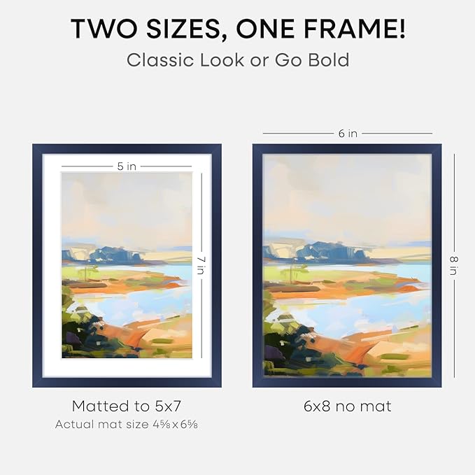 Homeforia Navy Blue 6x8 Picture Frame, High End Metal 6 x 8 Frames with Mat 5 x 7 for Print, 6by8 Desk Frame Matted to 5x7 inch Photo, 6 by 8 Wall or Tabletop Frame, Tempered Glass, Wall Kit, Set of 1