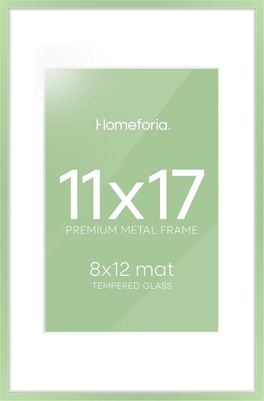 Homeforia 11x17 Picture Frame Sage Green, High End Metal 11x17 Poster Frames with Mat 8x12 Photo, 11 x 17 Sage Green Frame Matted to 8 by 12 Art, 17x11 Thin Frames, Tempered Glass, Wall Kit, Set of 1