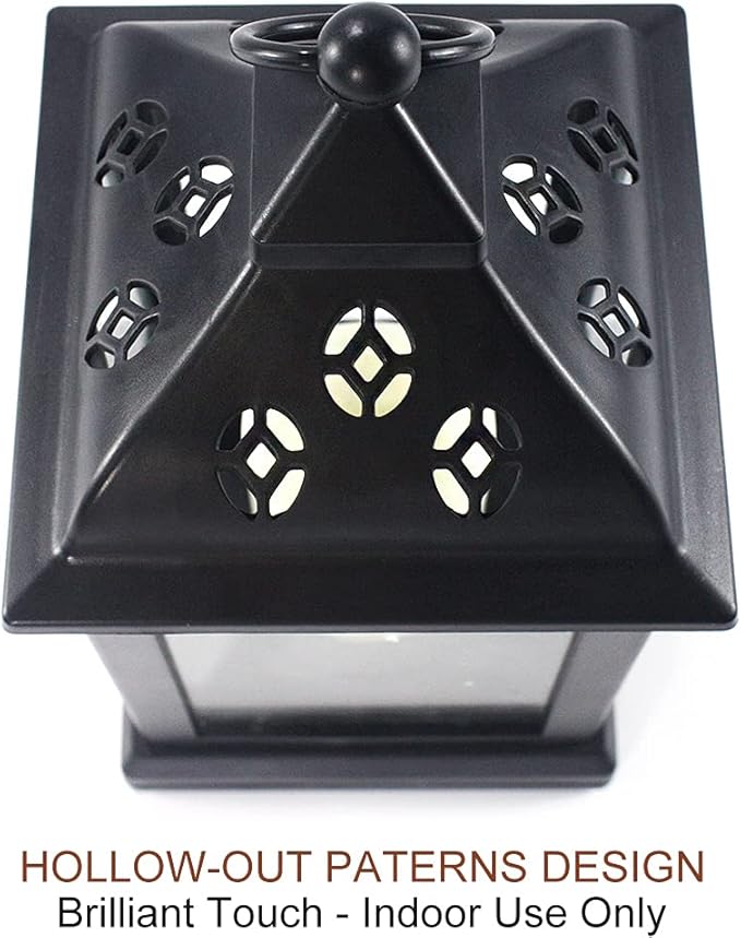 Bright Zeal 2-Pack 9.5" Vintage Decorative Candle Lantern with LED Flickering Flameless Candle (Black, 8hr Timer) - Indoor Hanging Lanterns Decorative Lanterns Battery Powered LED Candle Timer Candle