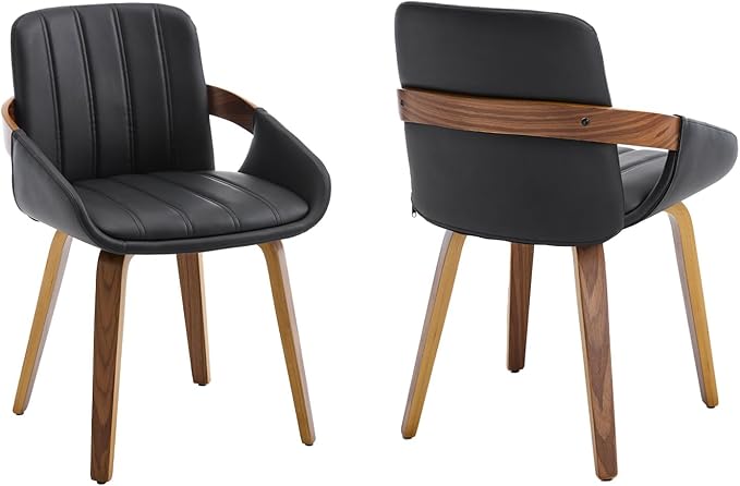Dining Chairs Set of 2, Mid Century Modern Dining Room Chairs with Arms and Mid Back PU Leather Upholstered Bentwood Kitchen Chairs for Home Restaurant Office - Black