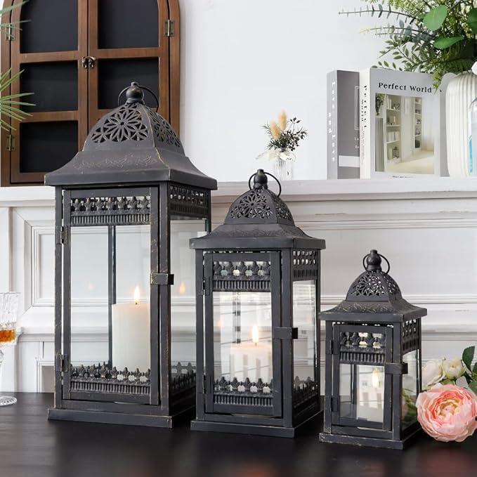 JHY DESIGN 6Pcs Decorative Candle Lanterns 20&14.5"&9.5" High Vintage Style Hanging Lantern, Metal Candleholder for Indoor Outdoor, Events, Parities and Weddings（Black with Gold Brush）